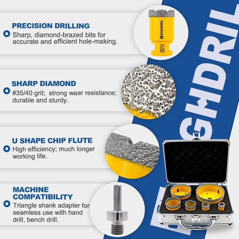 HIGHDRIL Diamond Drill Bits Kit with 5/8-11 for Porcelain Tile Ceramic Marble Brick Concrete Vacuum Brazed Hole Saw(20/25/35/50/75/100mm) - Image 3